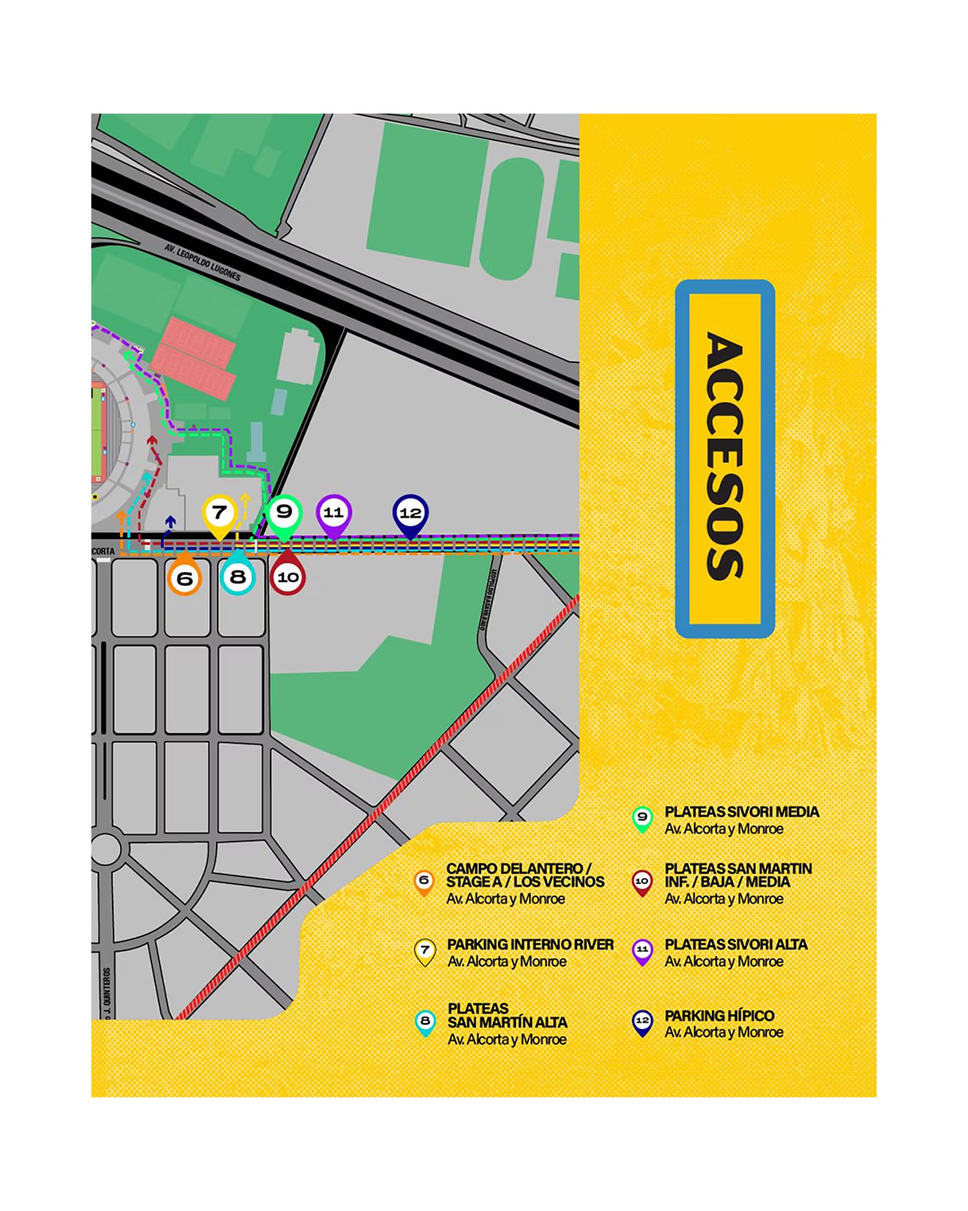 Mapa con los puntos de acceso y ubicaciones dentro del estadio River Plate en Buenos Aires para el esperado recital de Bad Bunny