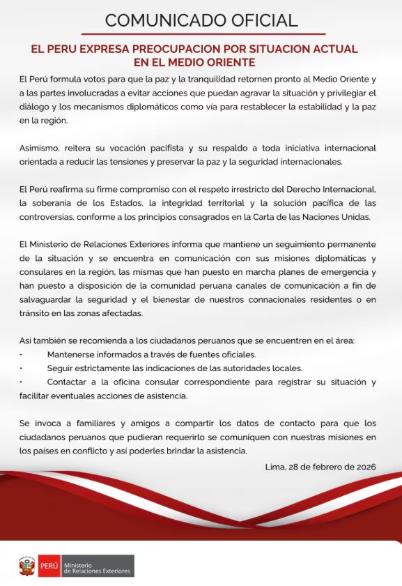 La Cancillería peruana expresó su preocupación por el aumento de la violencia en Medio Oriente y llamó a todas las partes a privilegiar el diálogo y los mecanismos diplomáticos - Créditos: @CancilleriaPeru.