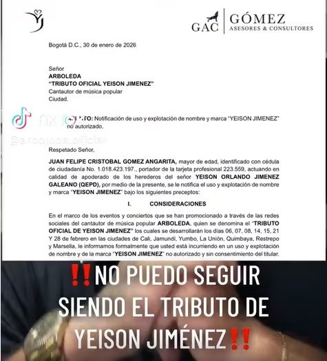 Arboleda da declaraciones públicas tras prohibición de usar el nombre de Yeison Jiménez en sus tributos - crédito @arboleda.oficial/tiktok