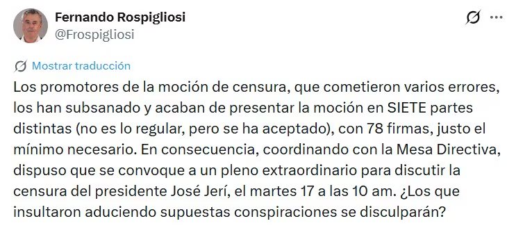 El congresista Fernando Rospigliosi señaló que la moción fue presentada con 78 firmas, el mínimo requerido para que pueda ser debatida. (Foto:X/@Frospigliosi)