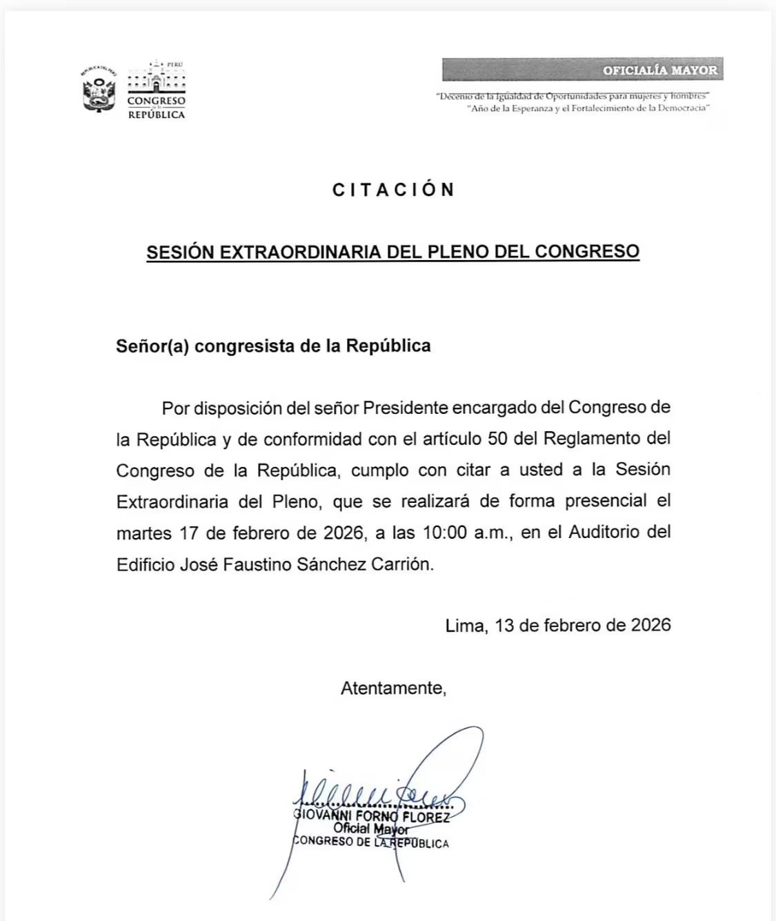 Citación oficial convoca a pleno extraordinario del Congreso de la República para debatir moción contra José Jerí. (Foto: X/@Frospigliosi)