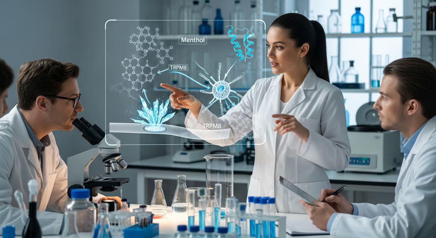 Científicos en un laboratorio interactúan con una interfaz holográfica que ilustra la interacción molecular del mentol y el receptor TRPM8, explicando la sensación de frío. (Imagen Ilustrativa Infobae)