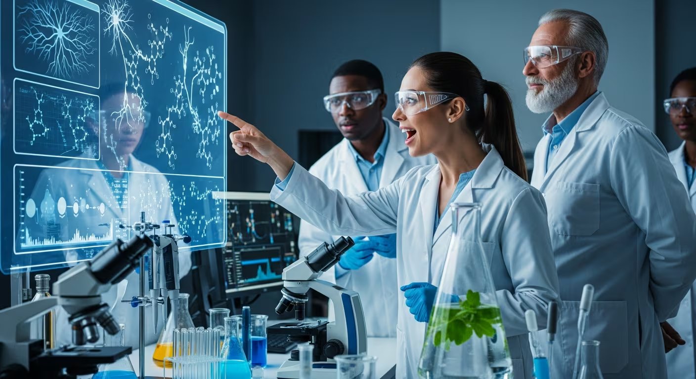 Un equipo de científicos en un laboratorio moderno interactúa con pantallas holográficas que muestran estructuras moleculares, celebrando el descubrimiento del mecanismo exacto que provoca la sensación de frío de la menta. (Imagen Ilustrativa Infobae)