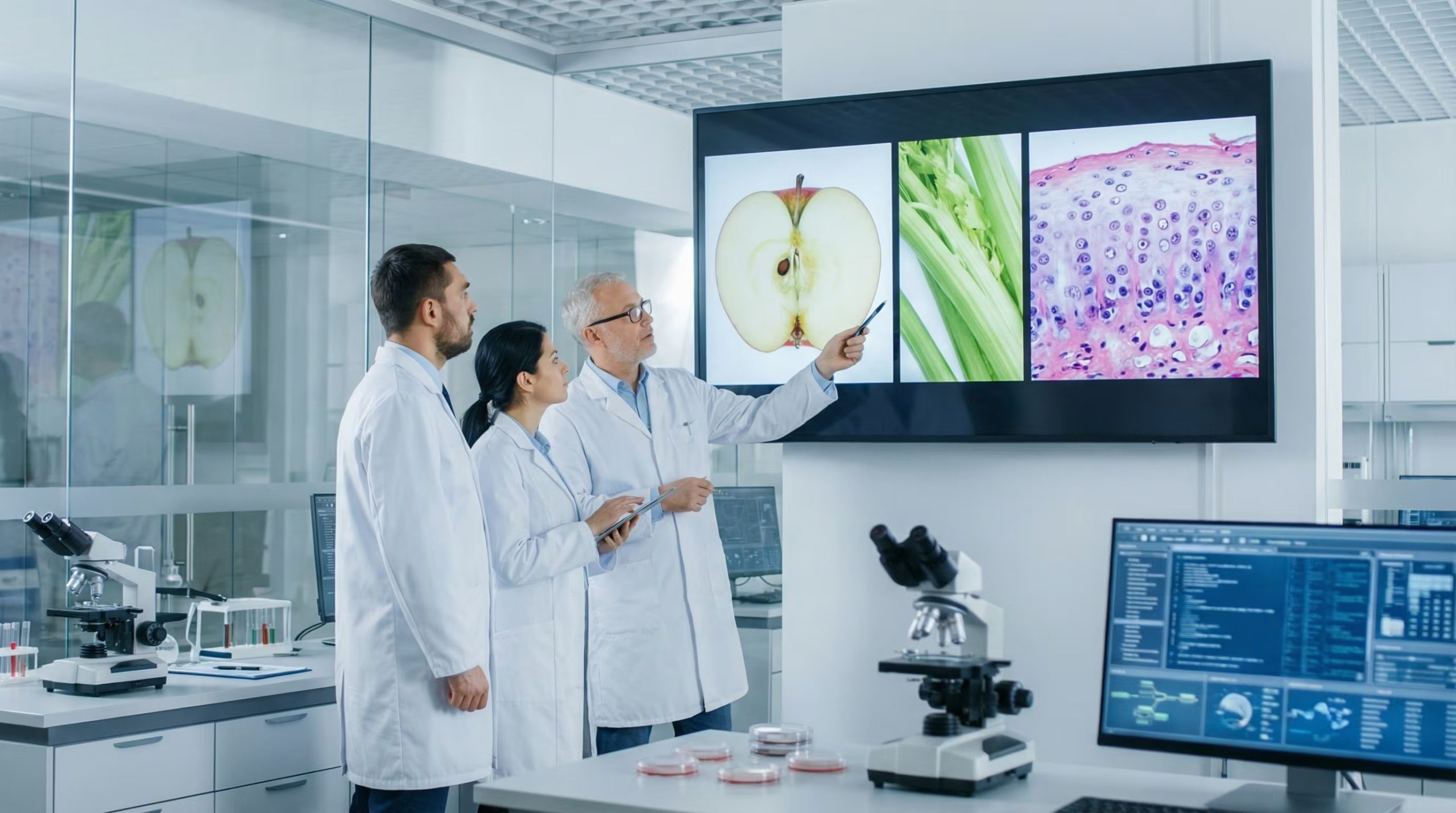 Tres científicos en batas de laboratorio observan una pantalla digital con imágenes ampliadas de una manzana, apio y tejido cartilaginoso en un moderno laboratorio, reflejando avances en la investigación. (Imagen Ilustrativa Infobae)