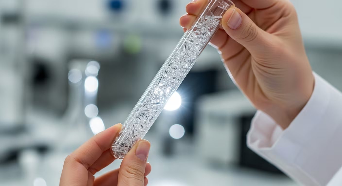 Manos femeninas sostienen un tubo de ensayo con diminutos cristales de litio en forma de aguja, destacando su brillo en un laboratorio moderno e industrial. (Imagen Ilustrativa Infobae)