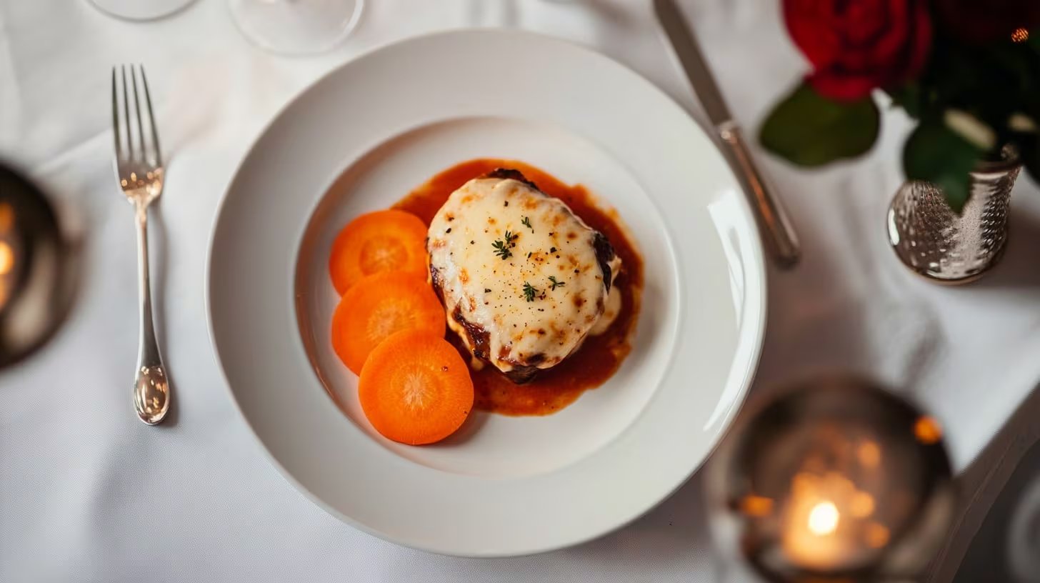 Filete suizo casero con queso fundido, zanahorias en rodajas, y salsas inglesa y de tomate, ideal para San Valentín.
