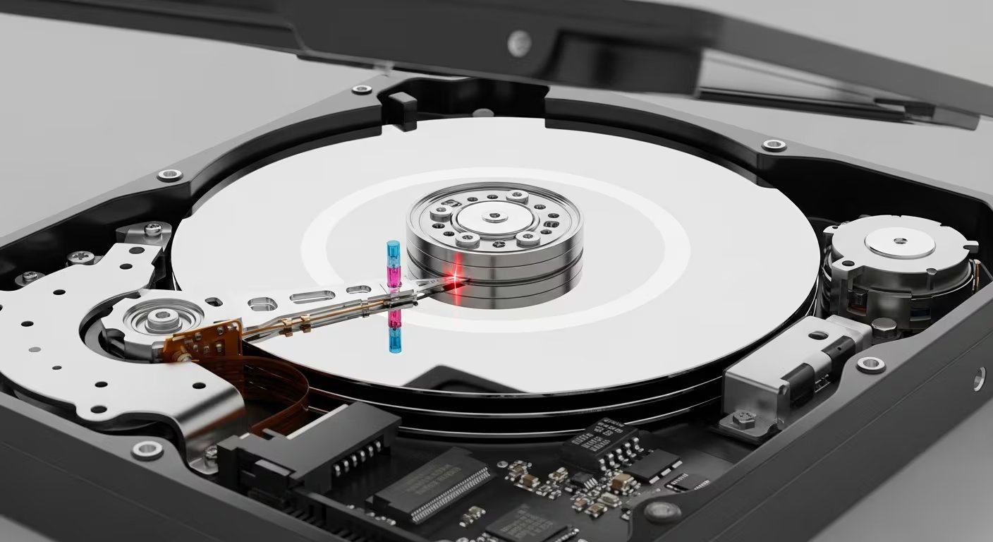 Vista detallada del interior de un disco duro que implementa la innovadora tecnología HAMR. (Imagen Ilustrativa Infobae)