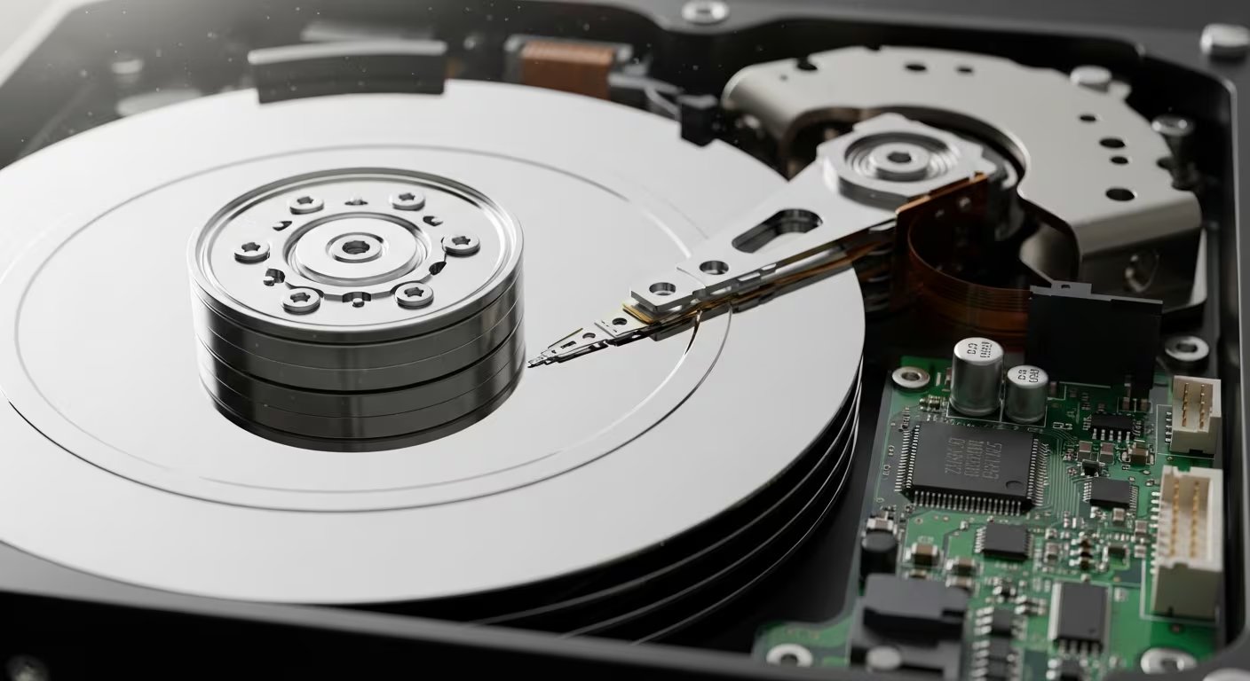 Vista en primer plano del mecanismo interno y componentes electrónicos de un disco duro moderno. (Imagen Ilustrativa Infobae)