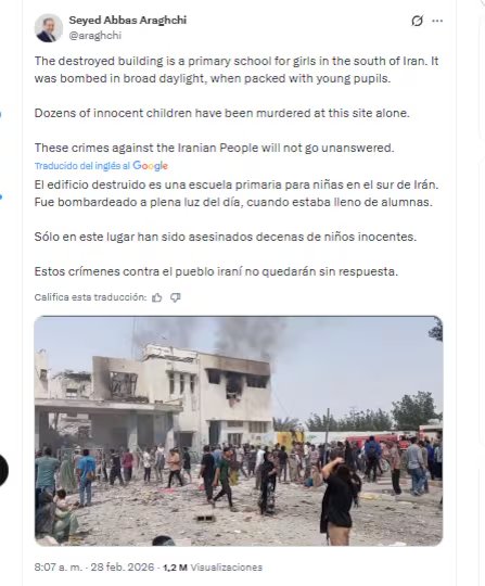 El ministro de Asuntos Exteriores iraní, Seyed Abbas Araghchi, rechazó ataque contra una escuela que dejó decenas de alumnas muertas - crédito @araghchi/X