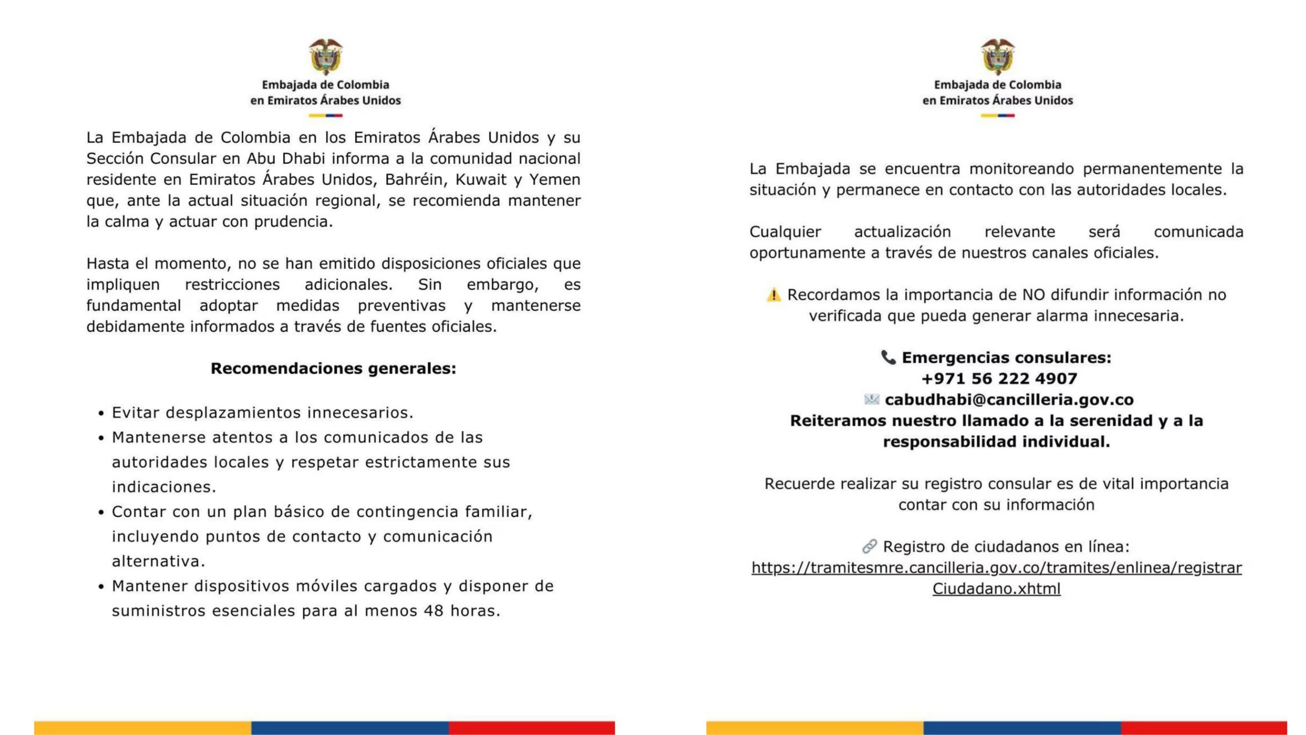 La Embajada de Colombia en Emiratos Árabes Unidos reiteró que mantiene monitoreo permanente de la situación regional y pidió a la comunidad no difundir información no verificada tras la escalada entre Estados Unidos, Israel e Irán - crédito Embajada de Colombia en Emiratos Árabes Unidos