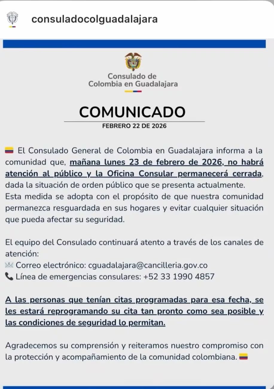 El Consulado de Colombia en Guadalajara anunció el cierre temporal de su sede y pidió a los connacionales permanecer en sus hogares. - crédito Consulado de Colombia en Guadalajara