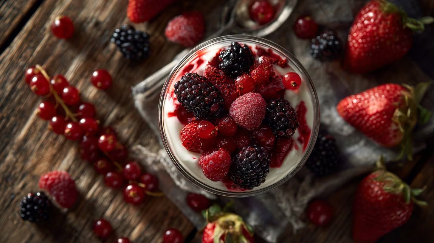 Postres con bajo índice glucémico, como yogur sin azúcar con frutos rojos o chocolate amargo, generan menor impacto sobre el azúcar en sangre (Imagen Ilustrativa Infobae)