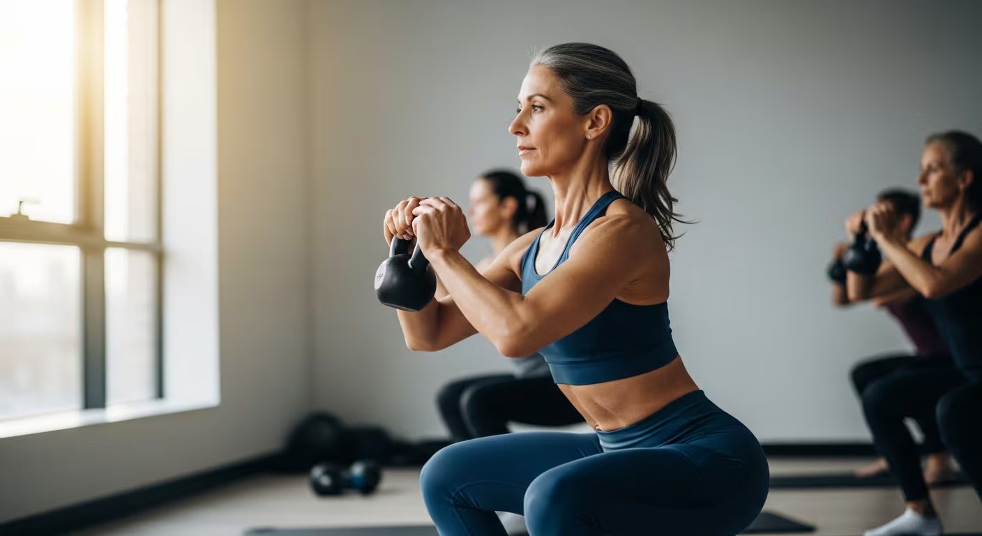 La sentadilla goblet con mancuerna o kettlebell es ideal para fortalecer piernas, glúteos y zona media en rutinas de fuerza (Imagen Ilustrativa Infobae)