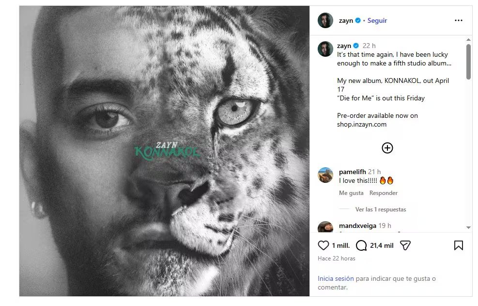 Zayn Malik a través de su cuenta oficial de Instagram. (captura de pantalla)