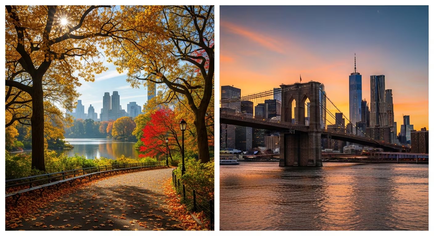 Central Park muestra colores otoñales mientras el Puente de Brooklyn destaca al atardecer en Nueva York. (Imagen Ilustrativa Infobae)
