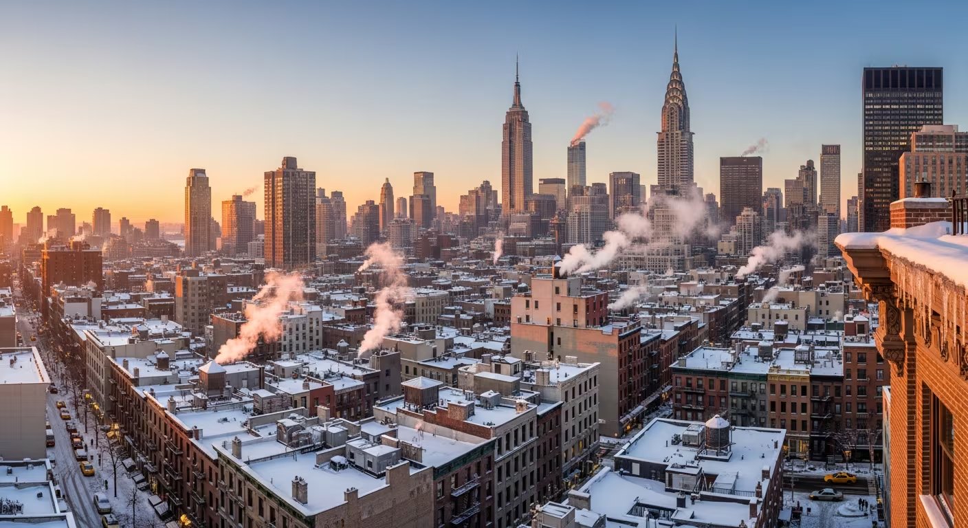 Impresionante vista aérea de Nueva York al amanecer, con los techos cubiertos de nieve y el vapor ascendiendo de los edificios, destacando los icónicos Empire State y Chrysler Building. (Imagen Ilustrativa Infobae)