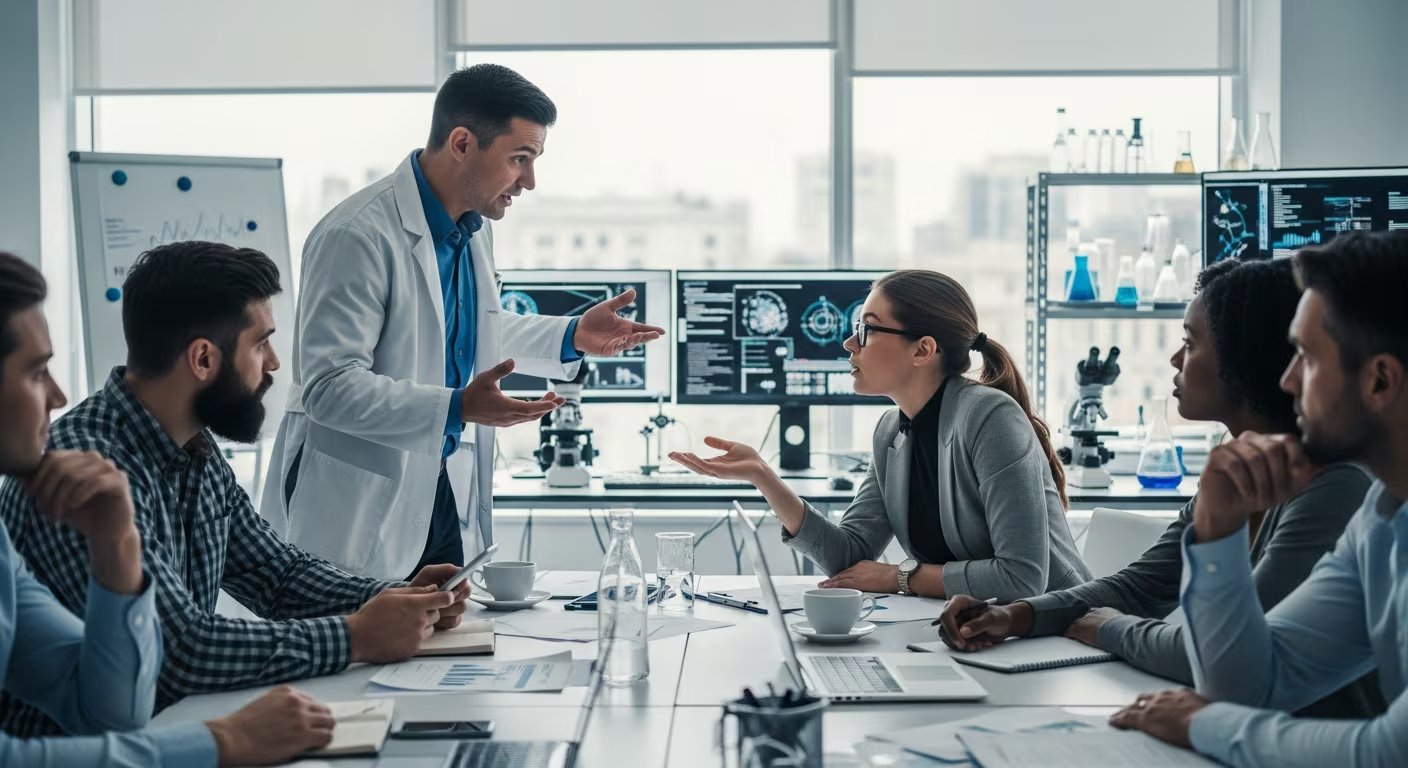 Un grupo de científicos sostiene un acalorado debate rodeados de equipos y computadoras en un laboratorio (Imagen Ilustrativa Infobae)