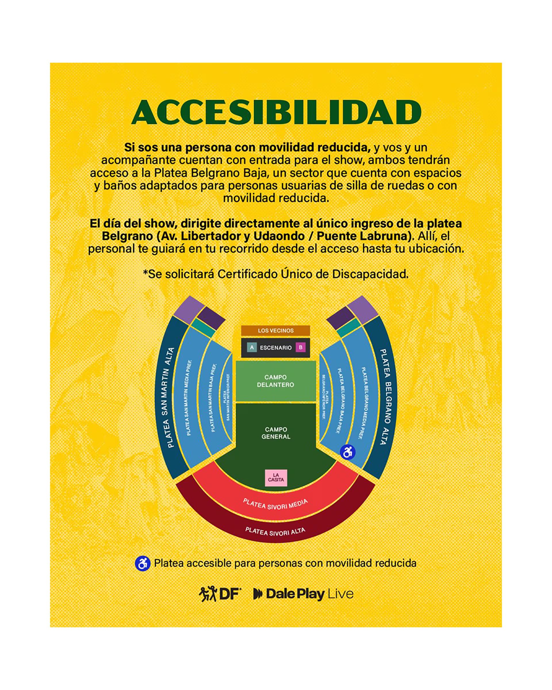 Mapa de accesibilidad y sectores adaptados para personas con movilidad reducida en el estadio River Plate para el recital de Bad Bunny