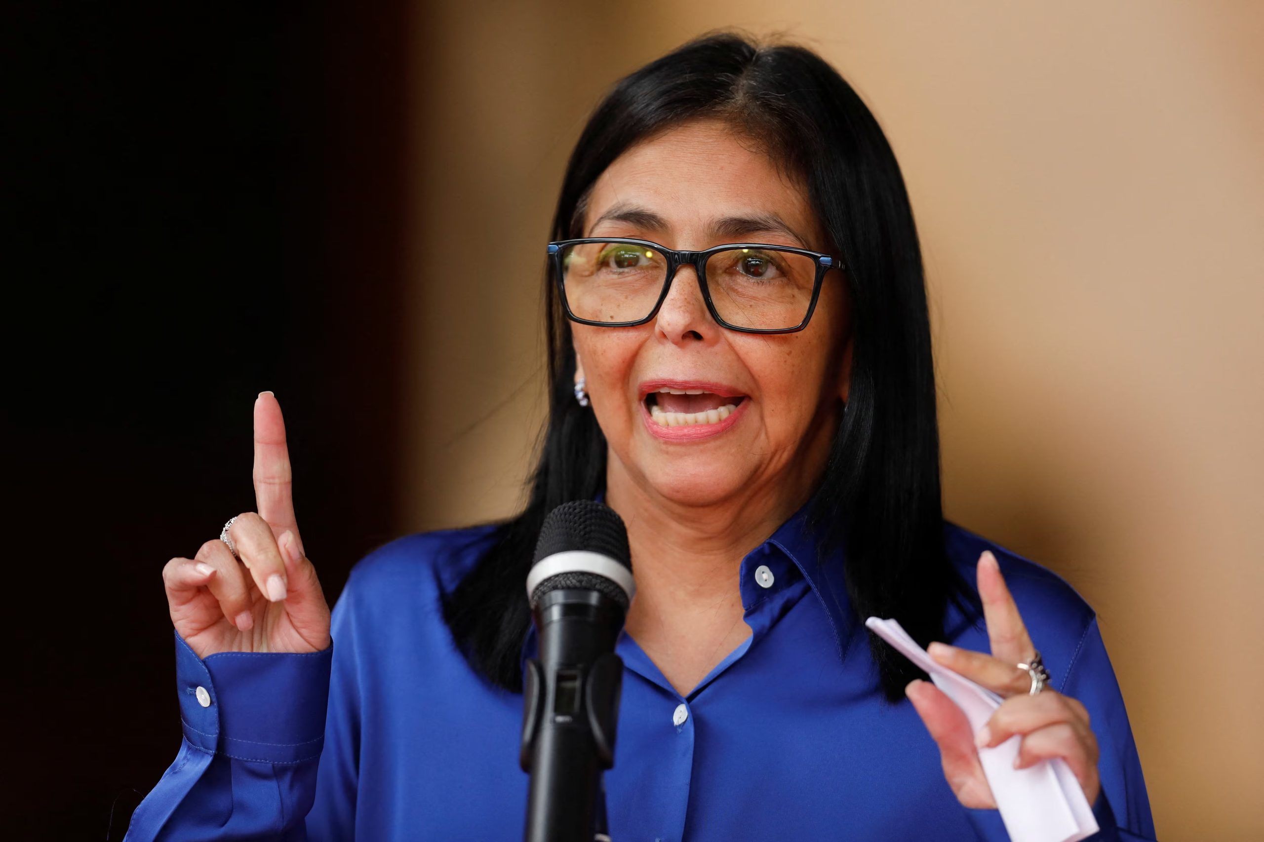 Venezuela's interim president Delcy Rodriguez holds a press conference, more than a week after the U.S. launched a strike on the country and captured President Nicolas Maduro and his wife Cilia Flores, at Miraflores Palace in Caracas, Venezuela, January 14, 2026. REUTERS/Leonardo Fernandez Viloria