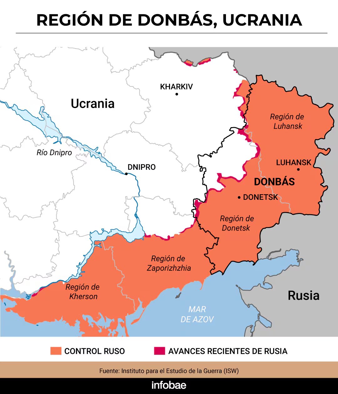 Moscú exige que Kiev retire sus tropas de amplias zonas del Donbás, incluidas ciudades fuertemente fortificadas ubicadas sobre vastos recursos naturales, como condición previa para cualquier acuerdo (Diseño Infobae)