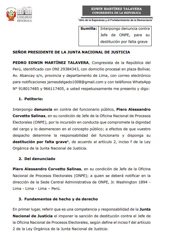 Denuncia ingresada por Edwin Martínez contra Piero Corvetto.