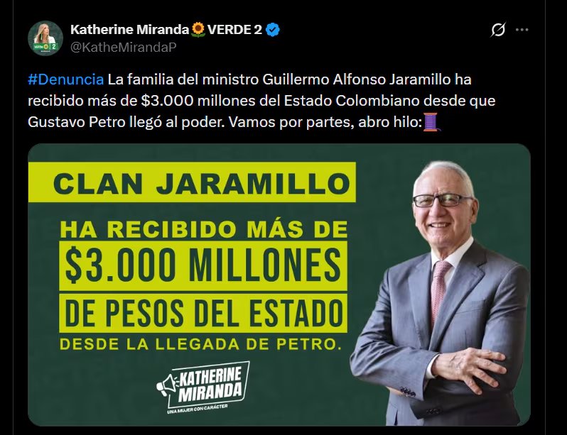 Katherine Miranda afirmó que la familia del alto funcionario ha recibido $3.000 millones desde que Gustavo Petro asumió la Presidencia de Colombia - crédito @KatheMirandaP/X