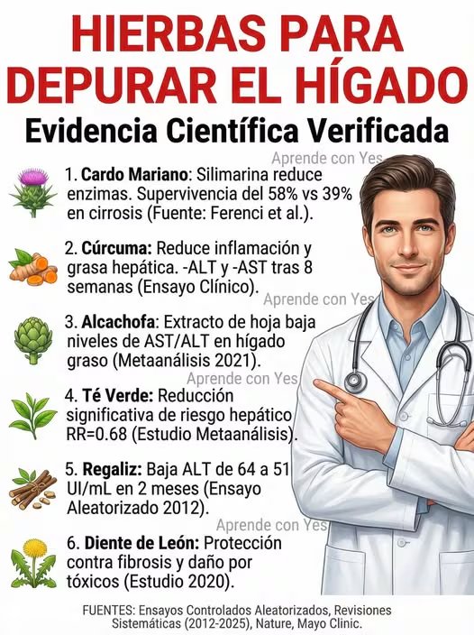 Algunas plantas como el cardo mariano, la cúrcuma y la alcachofa han sido estudiadas por su posible efecto en la reducción de enzimas hepáticas, aunque especialistas advierten que no sustituyen tratamiento médico
