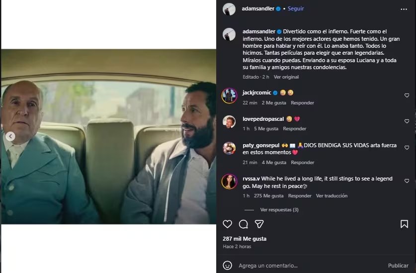 Adam Sandler aseguró que Robert Duva era uno de los mejores actores de todos los tiempos. (Instagram)