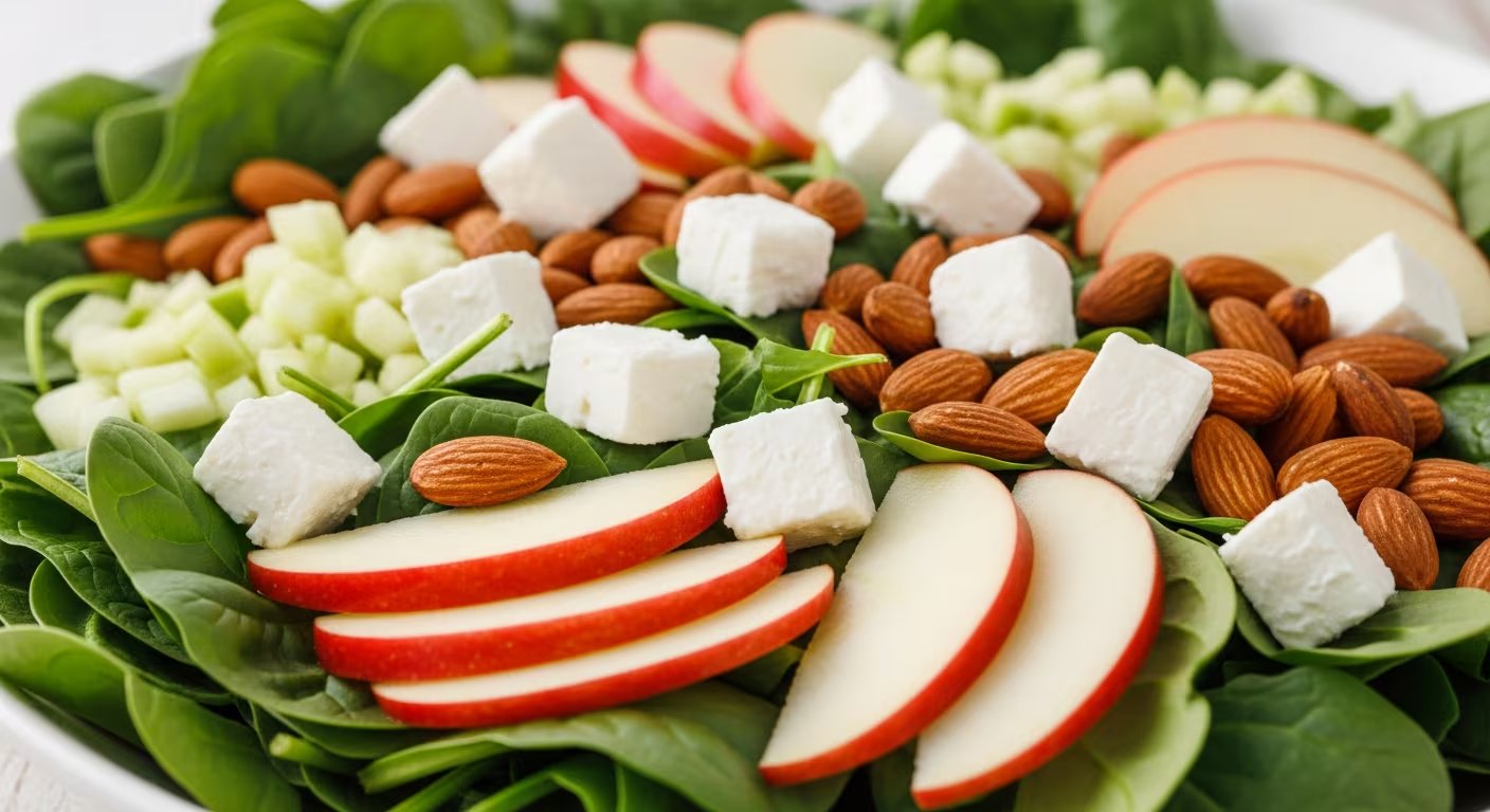 Combinación fresca de espinacas, queso de cabra, manzana y almendras, aderezada con aceite de oliva y vinagre balsámico (Imagen Ilustrativa Infobae)