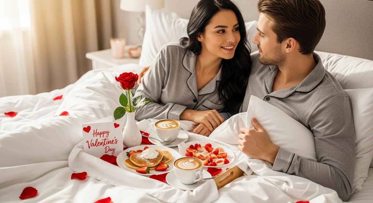 Una pareja disfruta de un desayuno especial en la cama por el Día de San Valentín, rodeados de pétalos y detalles románticos. (Imagen Ilustrativa Infobae)
