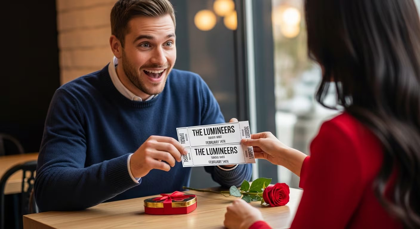 Un hombre muestra una expresión de asombro y alegría al recibir de su pareja boletos para un concierto en el Día de San Valentín. (Imagen Ilustrativa Infobae)