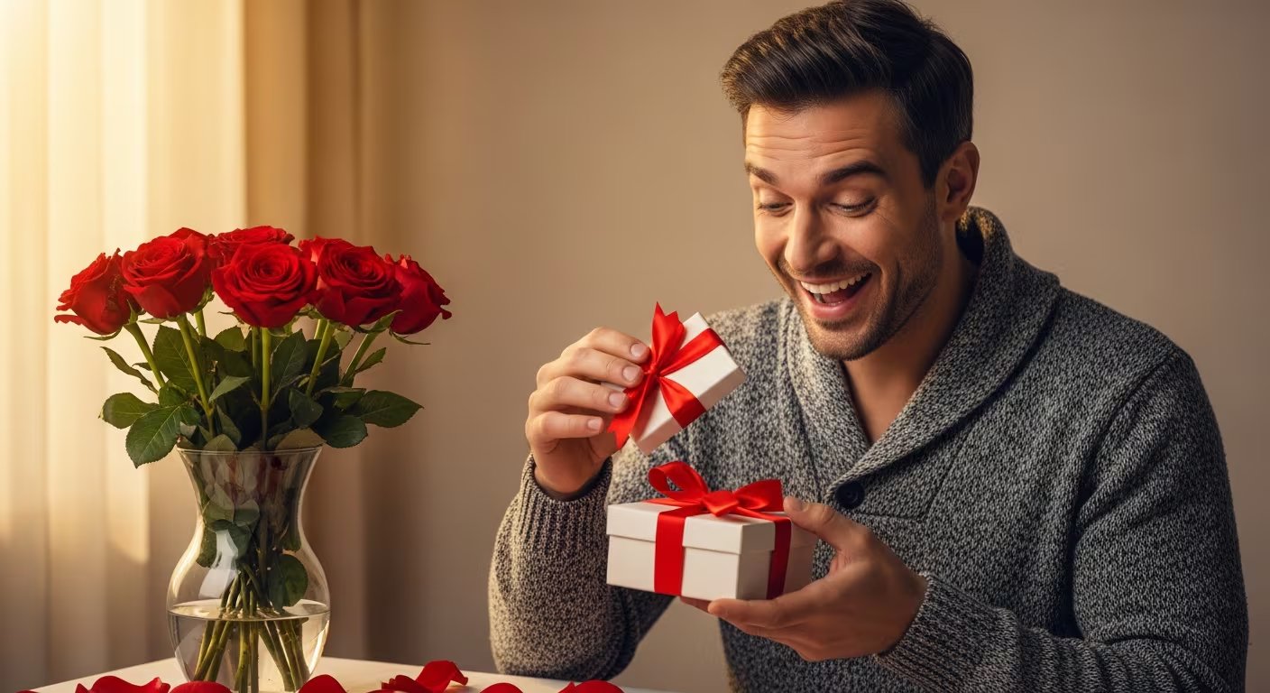 Un hombre sonríe emocionado al abrir una caja de regalo adornada con un lazo rojo, mientras un ramo de rosas frescas adorna la mesa. El ambiente cálido y la decoración sugieren una ocasión especial, posiblemente el Día de San Valentín o un aniversario. (Imagen Ilustrativa Infobae)