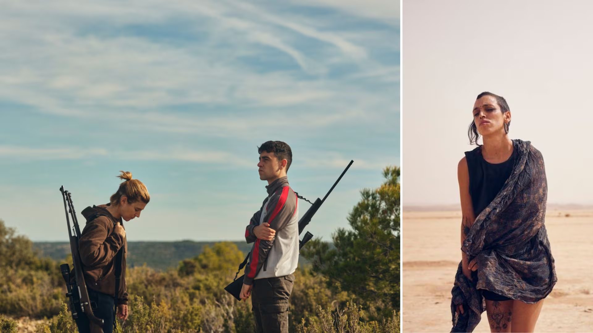 Fotogramas de las películas 'La Furia' y 'Sirat', rodadas algunas de sus secuencias en Teruel. (Filmax y BTEAM Pictures/Material de prensa)