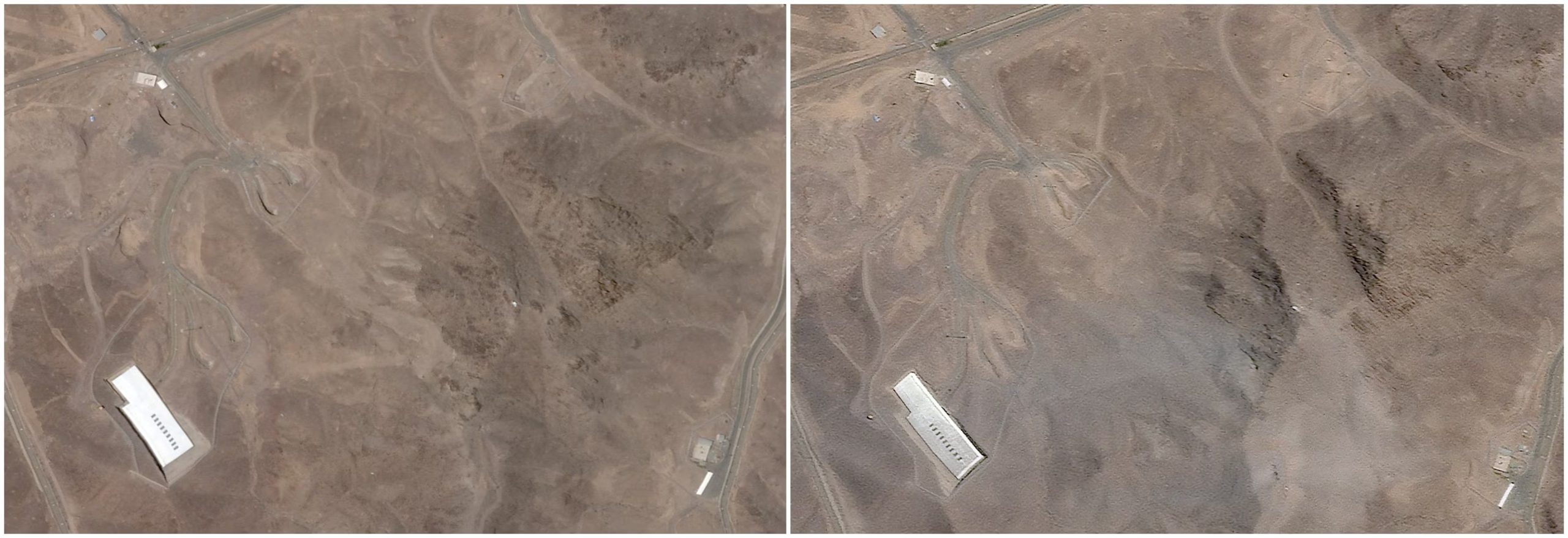 Imágenes satelitales muestran la instalación nuclear subterránea de Fordow, en Irán, antes y después de los ataques de Estados Unidos en junio de 2025, que desmantelaron gran parte del programa nuclear iraní. (Planet Labs PBC vía REUTERS, archivo)