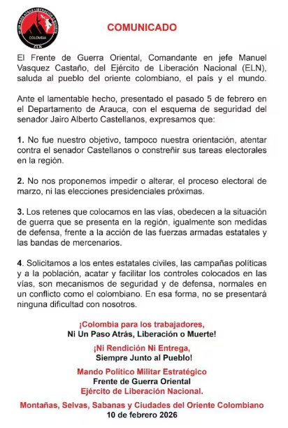 El Frente de Guerra Oriental, Comandante en jefe Manuel Vásquez Castaño, sostuvo que se propone alterar, el proceso electoral de marzo, ni las próximas elecciones presidenciales - crédito ELN