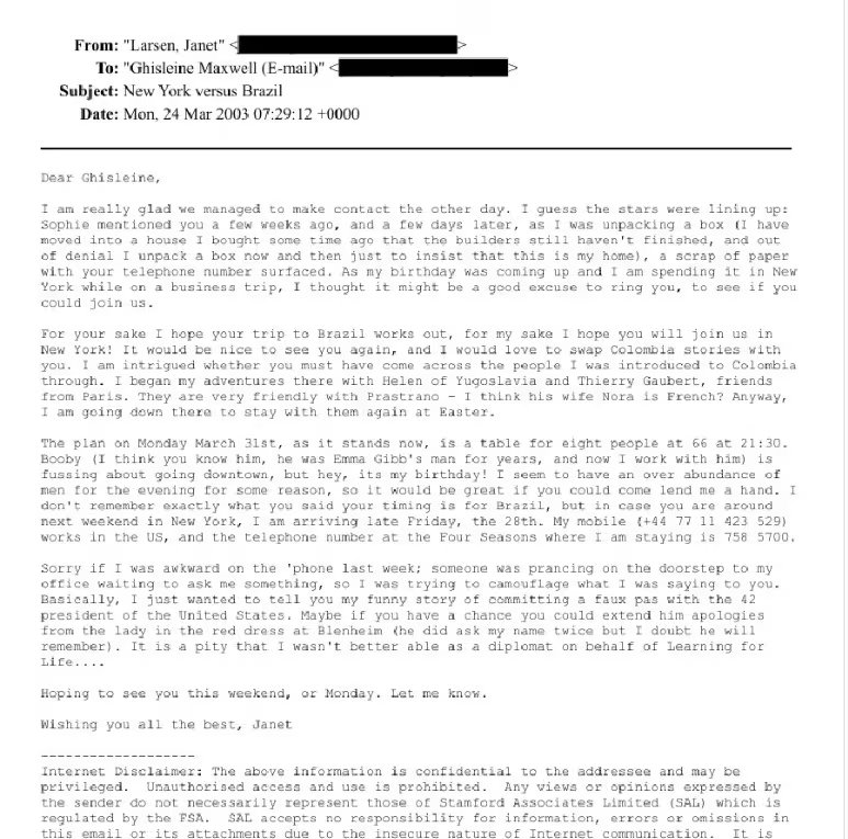 Correos entre  Janet Larsen y Ghislaine Maxwell, socia de Epstein - crédito Departamento de Justicia de Estados Unidos