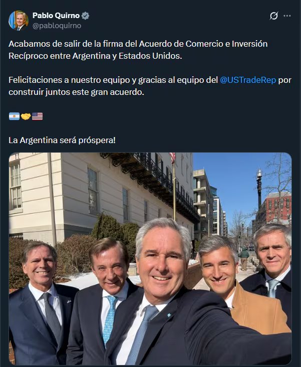 Posteo de Pablo Quirno en X anunciando la firma del acuerdo entre Argentina y Estados Unidos