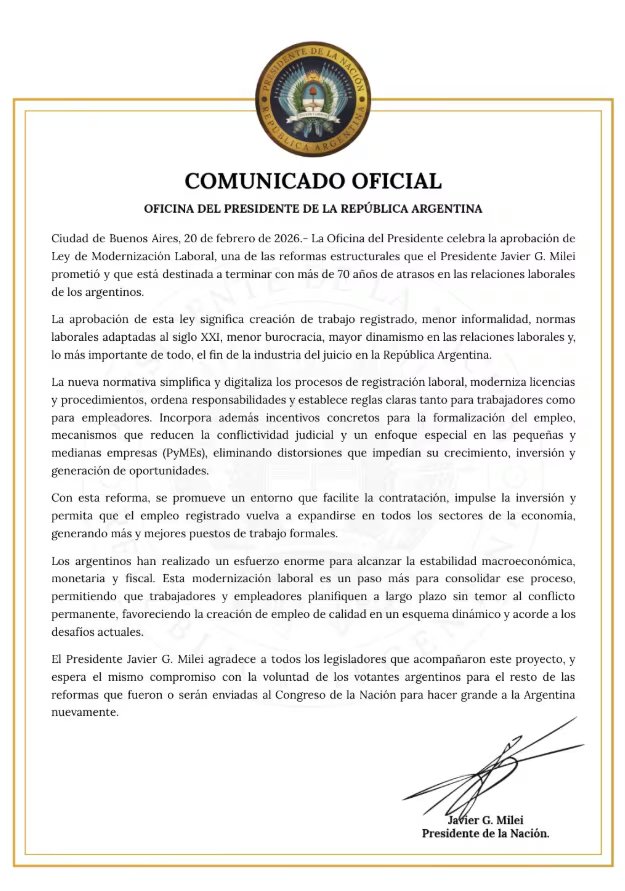 El comunicado emitido por la Oficina de la Presidencia de la Nación
