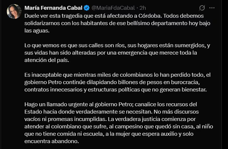 Esta fue la crítica que le hizo María Fernanda Cabal a Gustavo Petro ante inundaciones en el departamento de Córdoba - crédito @MariaFdaCabal/X