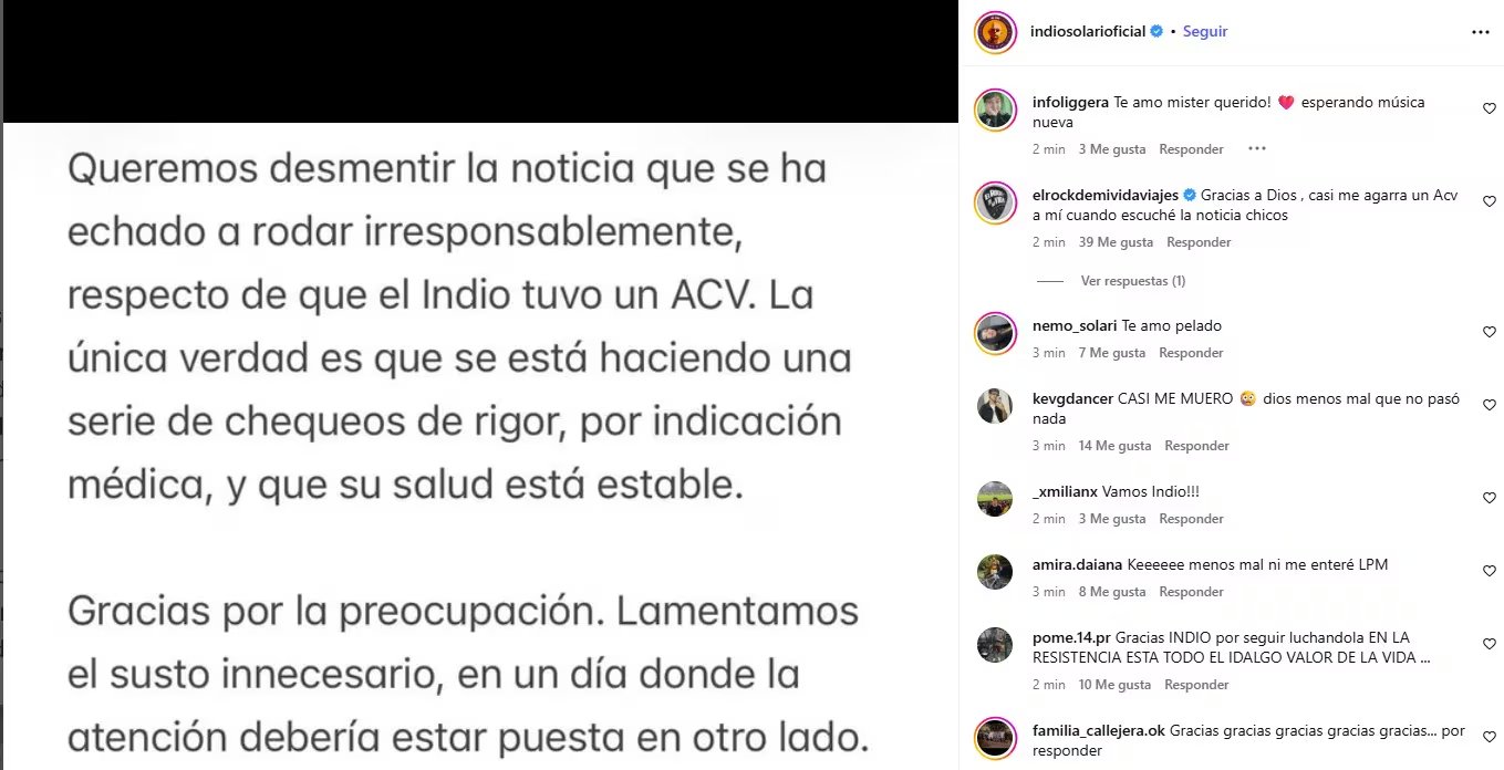 El comunicado desde la cuenta del Indio Solari respecto del presente de su salud