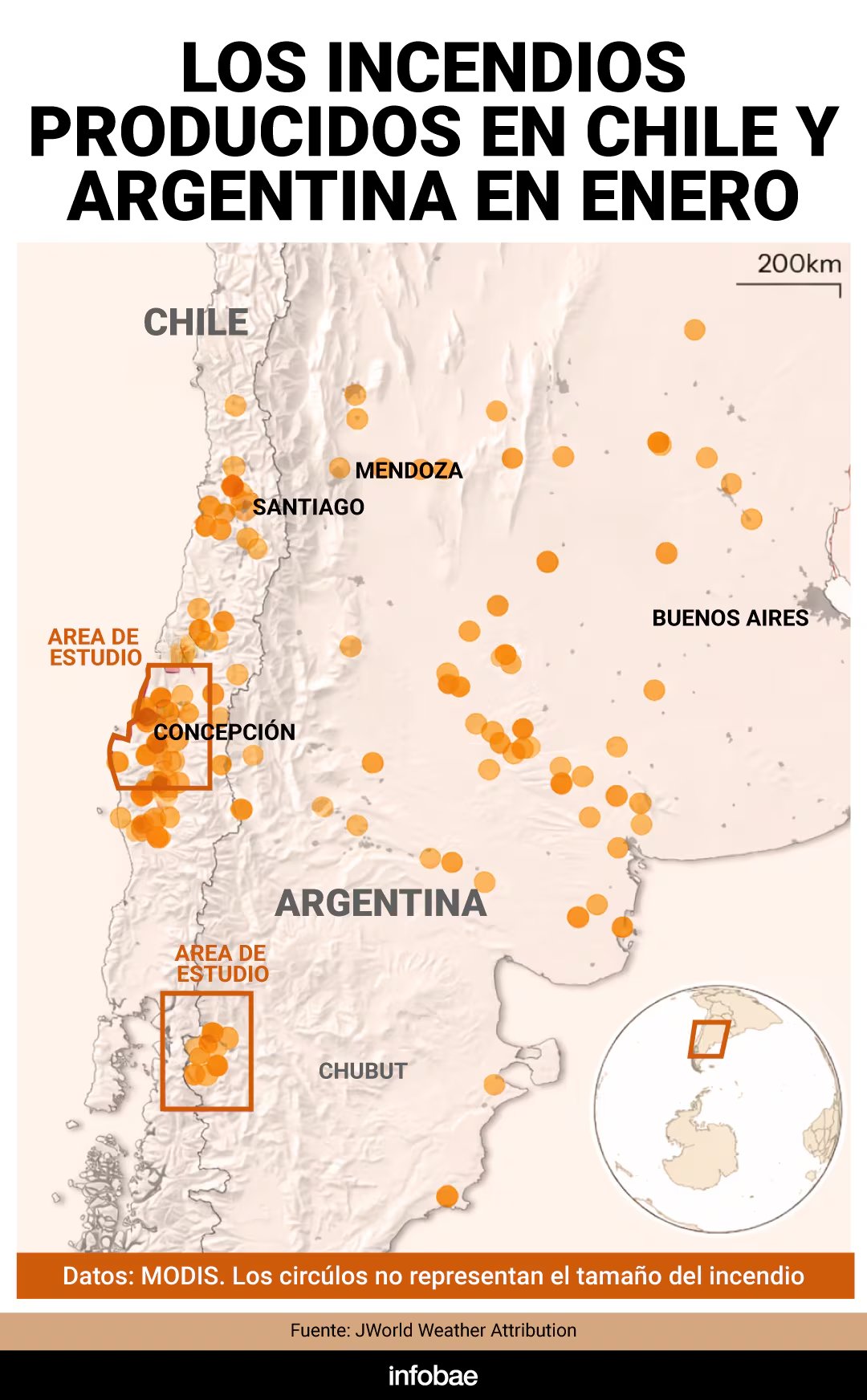 Mapa de los incendios este verano 2026 en la Patagonia argentina y chilena (WWA)