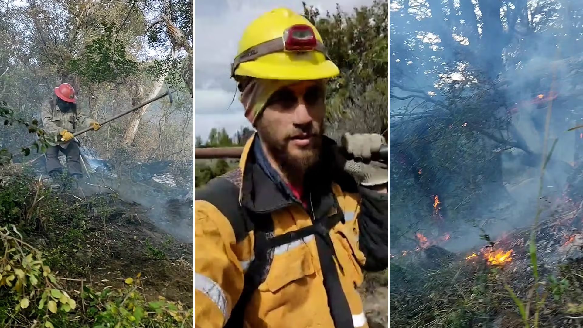 Jerónimo, hijo de Julián Weich, se desempeña como brigadista forestal en la Patagonia, colaborando en la extinción de incendios que afectan la región (Captura de video)
