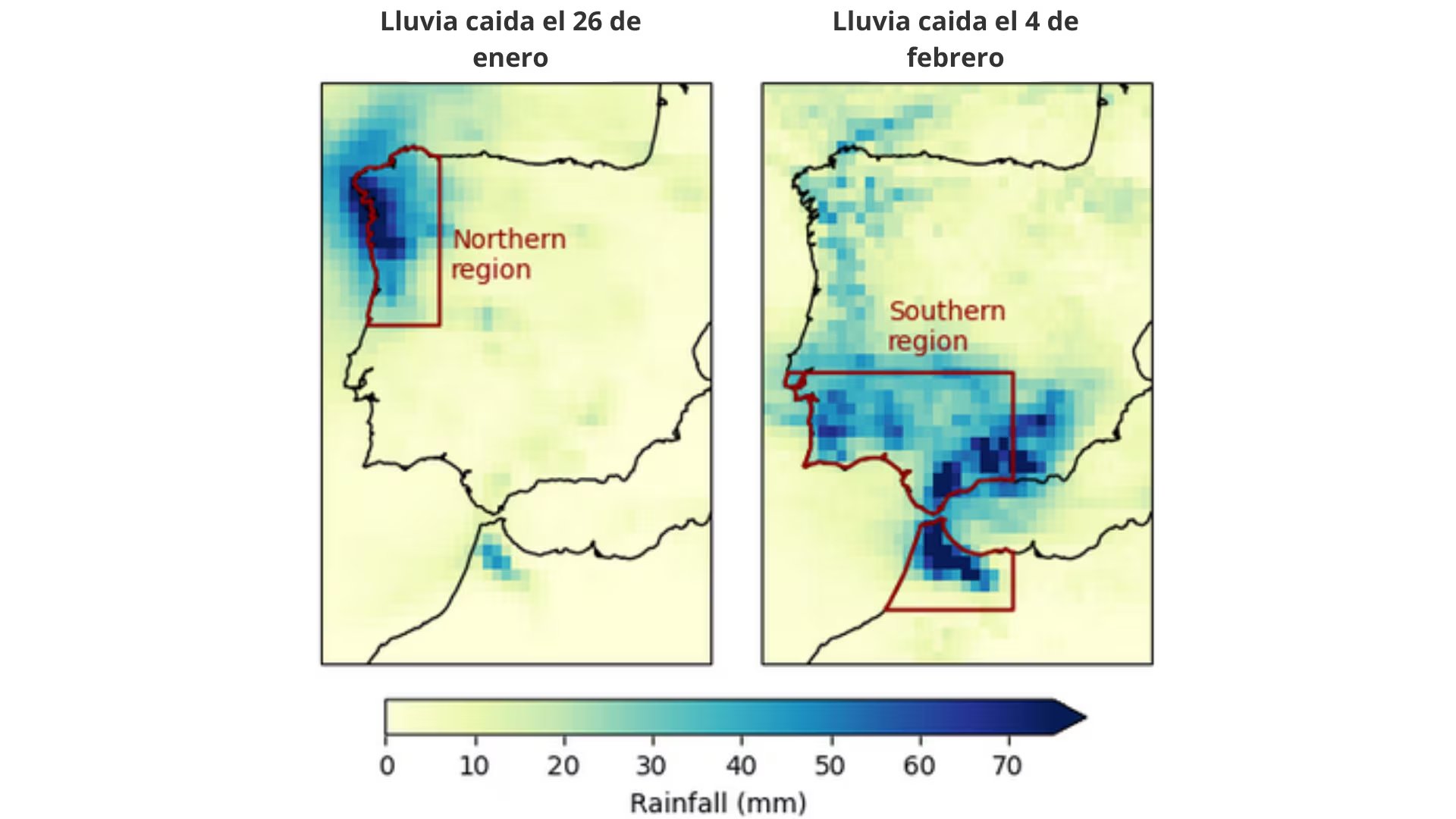 Mapa con las precipitaciones diarias registradas en España el 26 de enero y el 4 de febrero, en milímetros. (World Weather Attribution)
