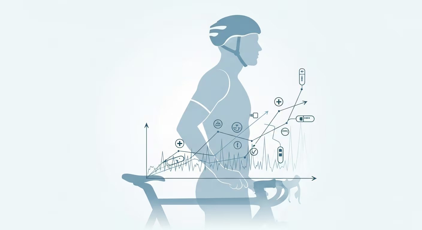 Ilustración médica muestra un ciclista con análisis simbólico de laboratorio sobre fondos neutros y abstractos (Imagen Ilustrativa Infobae)