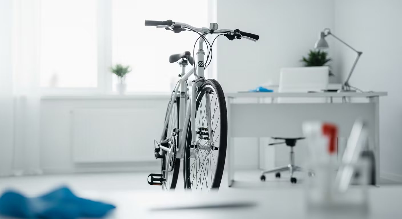 Una bicicleta se encuentra apoyada en un consultorio médico moderno, sugiriendo prevención y bienestar (Imagen Ilustrativa Infobae)