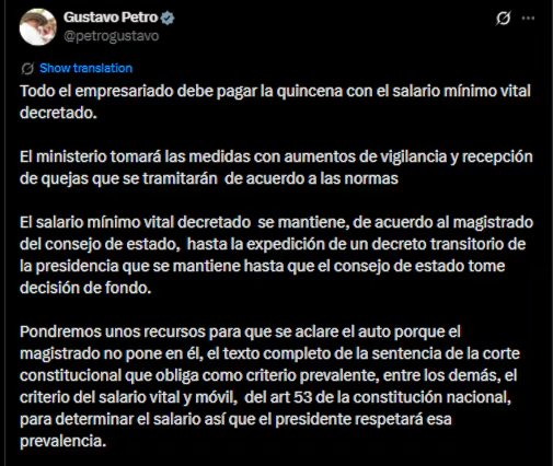 Gustavo Petro ordenó a las empresas que paguen completa la quincena de febrero, con cifra vigente del salario mínimo vital - crédito @petrogustavo/X