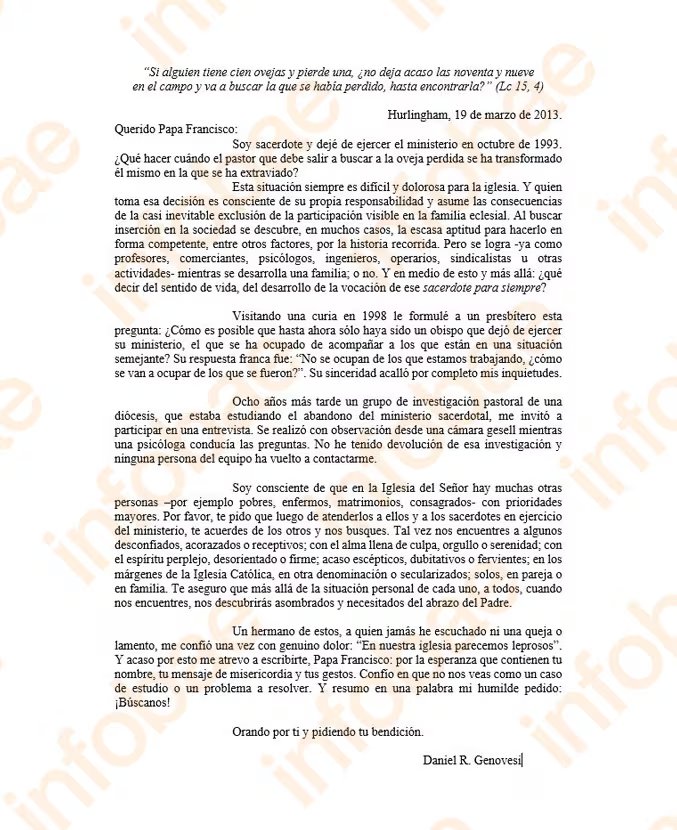 La carta dque Daniel le envió al Papa Francisco