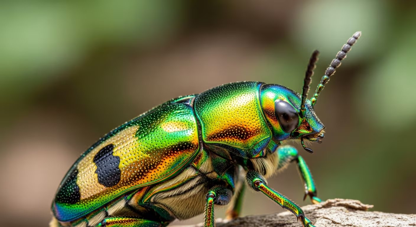 El escarabajo joya dorado exhibe un exoesqueleto con reflejos metálicos dorados, cobrizos y verdes esmeralda únicos en la naturaleza (Imagen Ilustrativa Infobae)