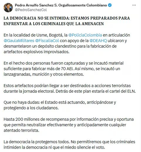 Ministro de Defensa informó que frustran tentado presuntamente para le 8 de marzo - crédito @PedroSanchezCol/X