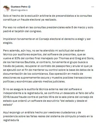 Gustavo Petro no votará en las consultas del 8 de marzo - crédito @petrogustavo/X